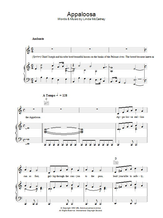 Linda McCartney Appaloosa sheet music notes and chords arranged for Piano, Vocal & Guitar Chords