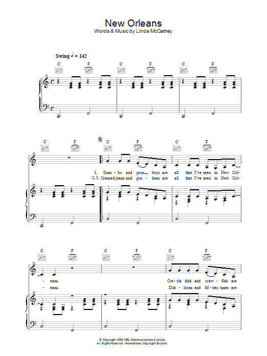 Linda McCartney New Orleans sheet music notes and chords arranged for Piano, Vocal & Guitar Chords