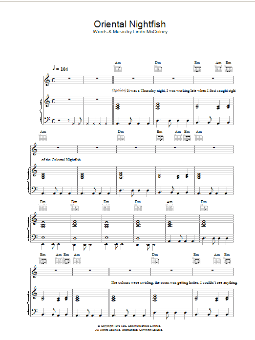 Linda McCartney Oriental Swordfish sheet music notes and chords arranged for Piano, Vocal & Guitar Chords