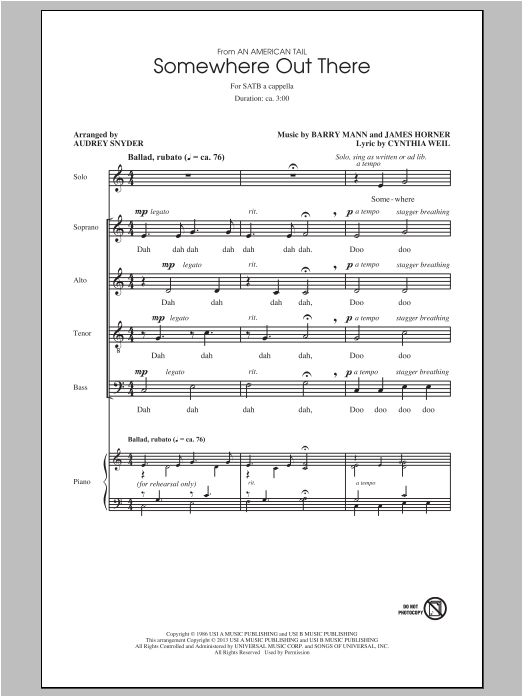 Linda Ronstadt & James Ingram Somewhere Out There (from An American Tail) (arr. Audrey Snyder) sheet music notes and chords arranged for SATB Choir