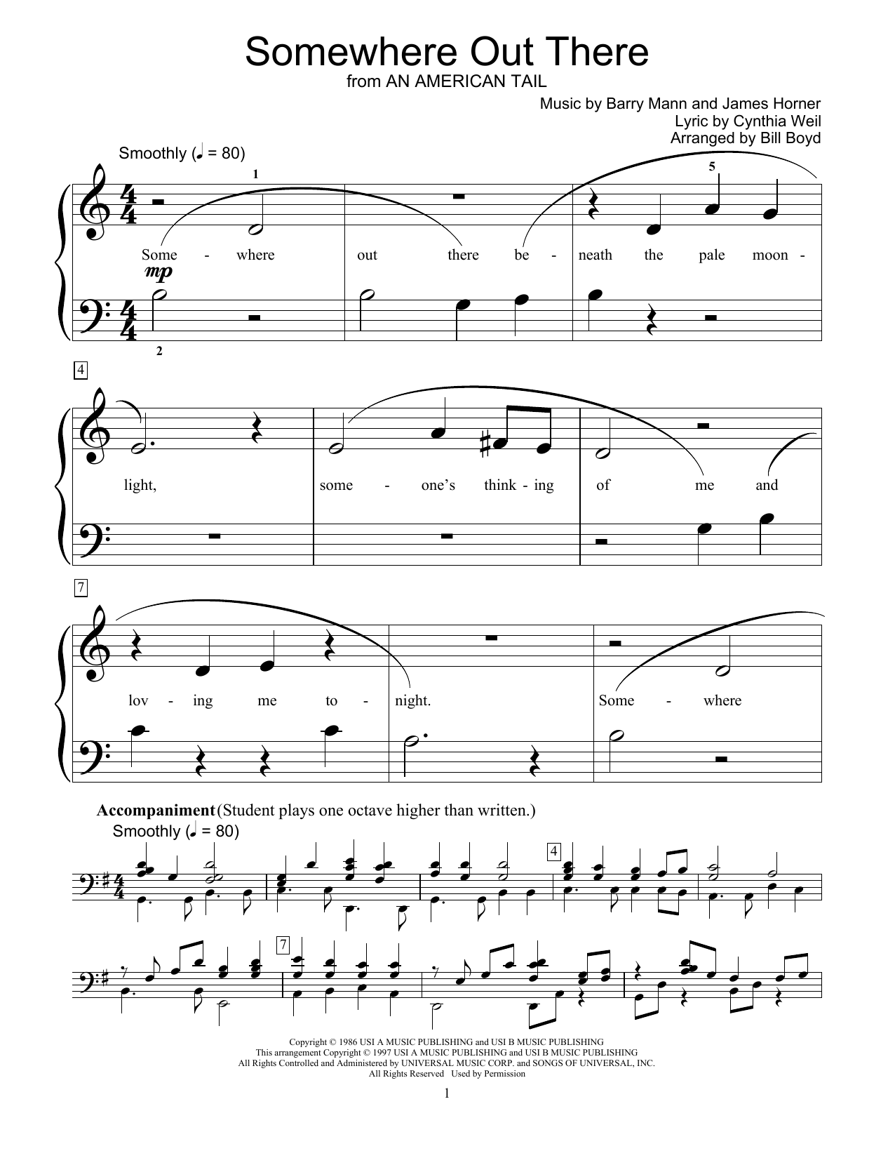 Linda Ronstadt & James Ingram Somewhere Out There (from An American Tail) (arr. Bill Boyd) sheet music notes and chords arranged for Educational Piano