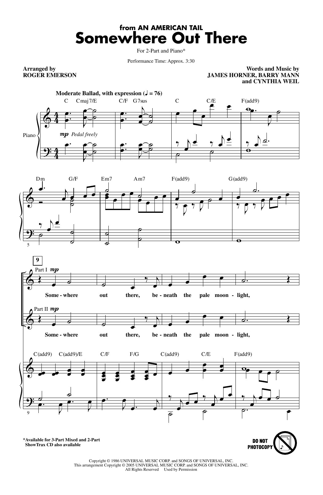Linda Ronstadt & James Ingram Somewhere Out There (from An American Tail) (arr. Roger Emerson) sheet music notes and chords arranged for 3-Part Mixed Choir