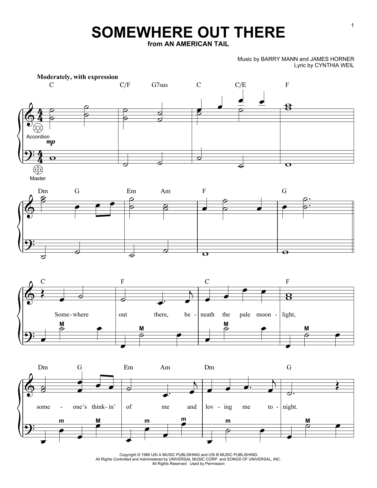 Linda Ronstadt & James Ingram Somewhere Out There (from An American Tail) sheet music notes and chords arranged for Violin Duet