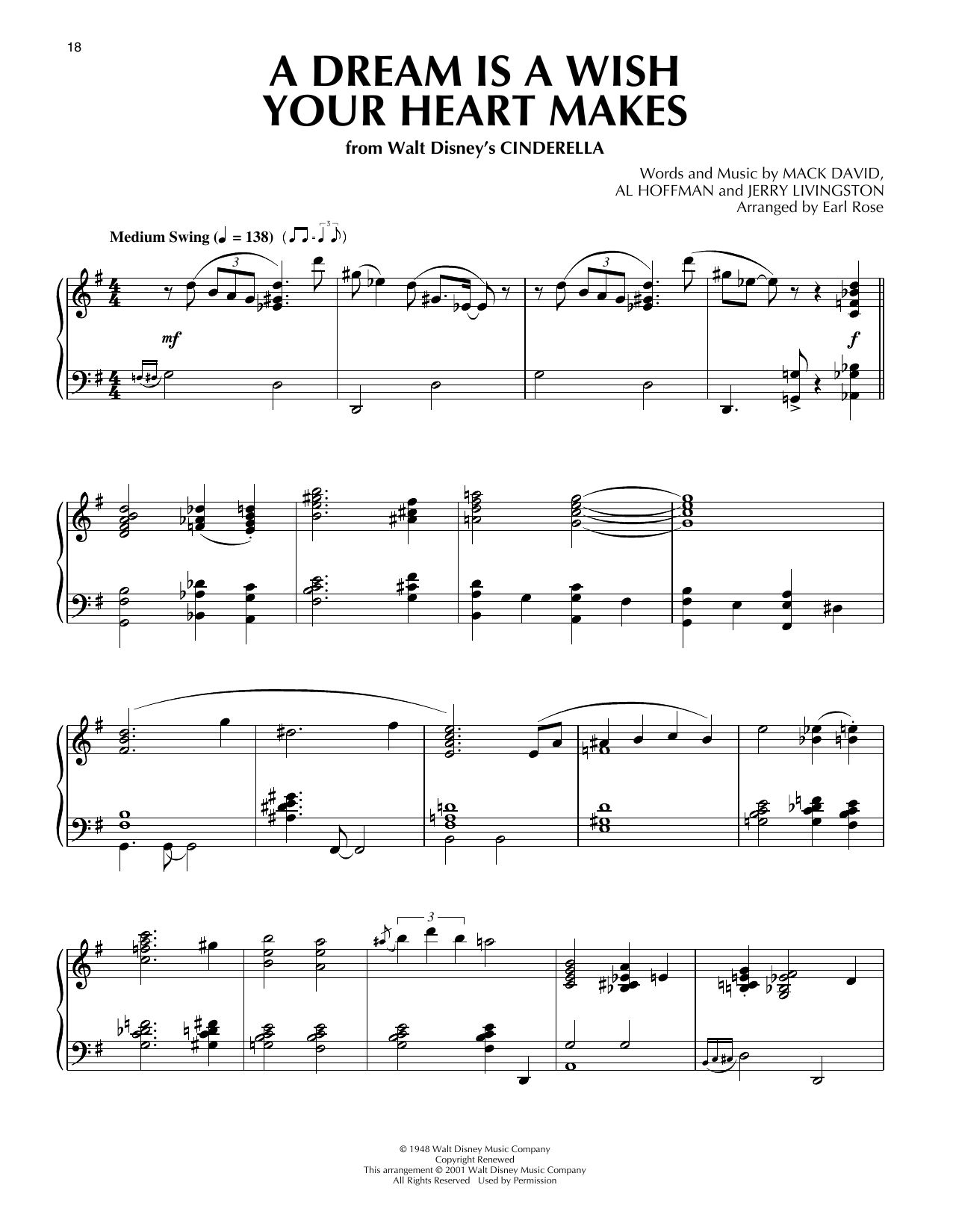 Linda Ronstadt A Dream Is A Wish Your Heart Makes (from Cinderella) (arr. Earl Rose) sheet music notes and chords arranged for Piano Solo