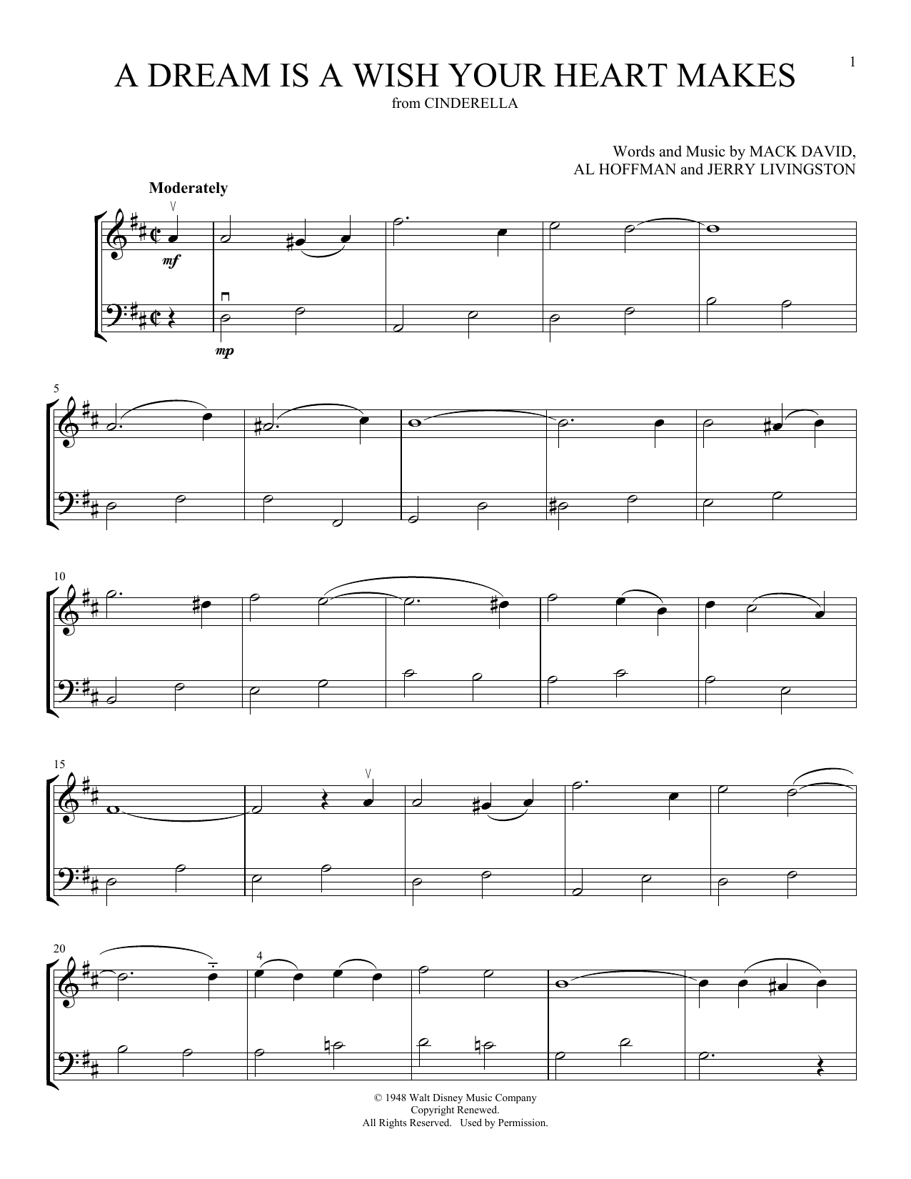 Linda Ronstadt A Dream Is A Wish Your Heart Makes (from Cinderella) (arr. Michelle Hynson) sheet music notes and chords arranged for Instrumental Duet