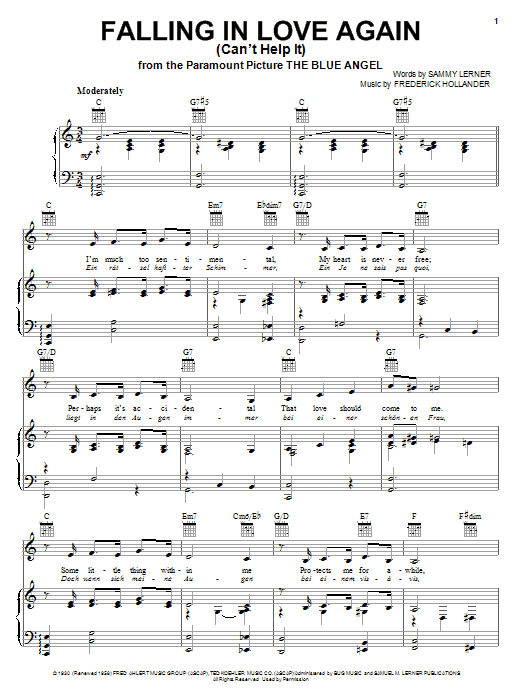 Linda Ronstadt Falling In Love Again (Can't Help It) sheet music notes and chords arranged for Piano, Vocal & Guitar Chords (Right-Hand Melody)