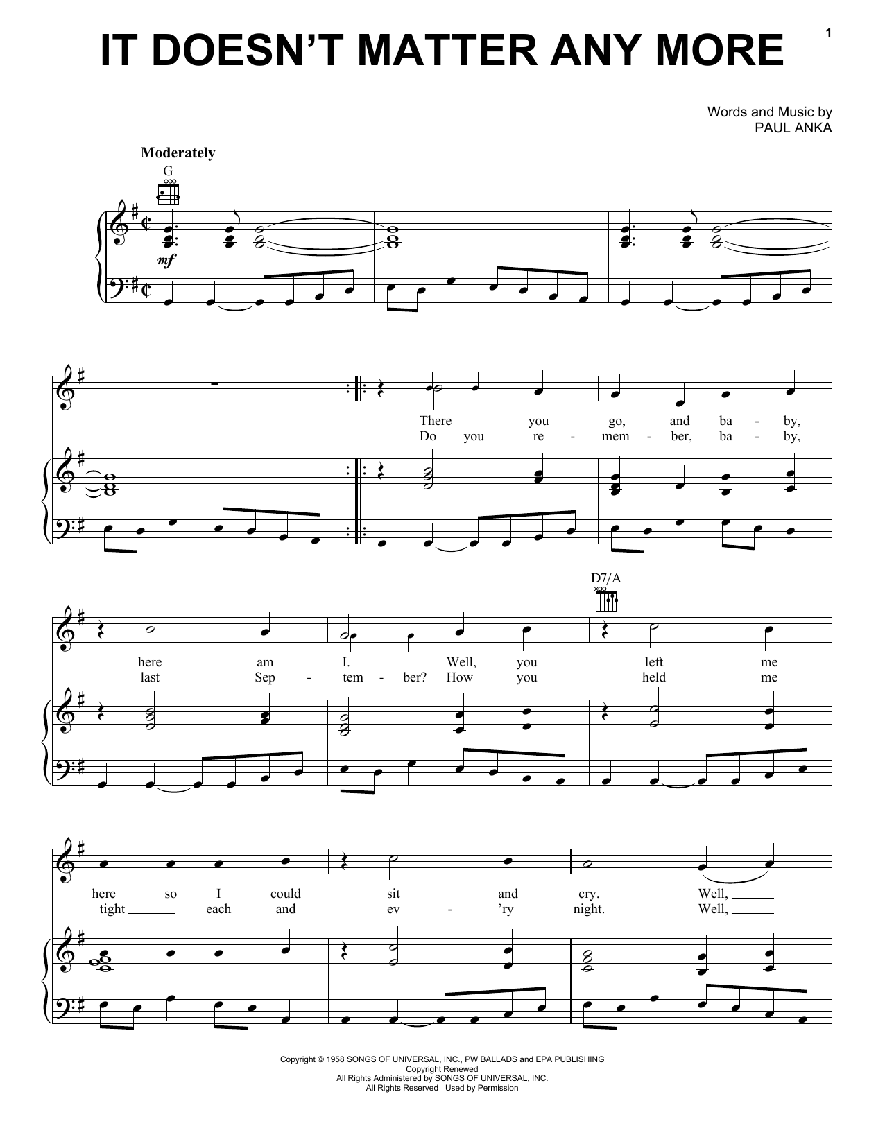 Linda Ronstadt It Doesn't Matter Anymore sheet music notes and chords arranged for Piano, Vocal & Guitar Chords (Right-Hand Melody)