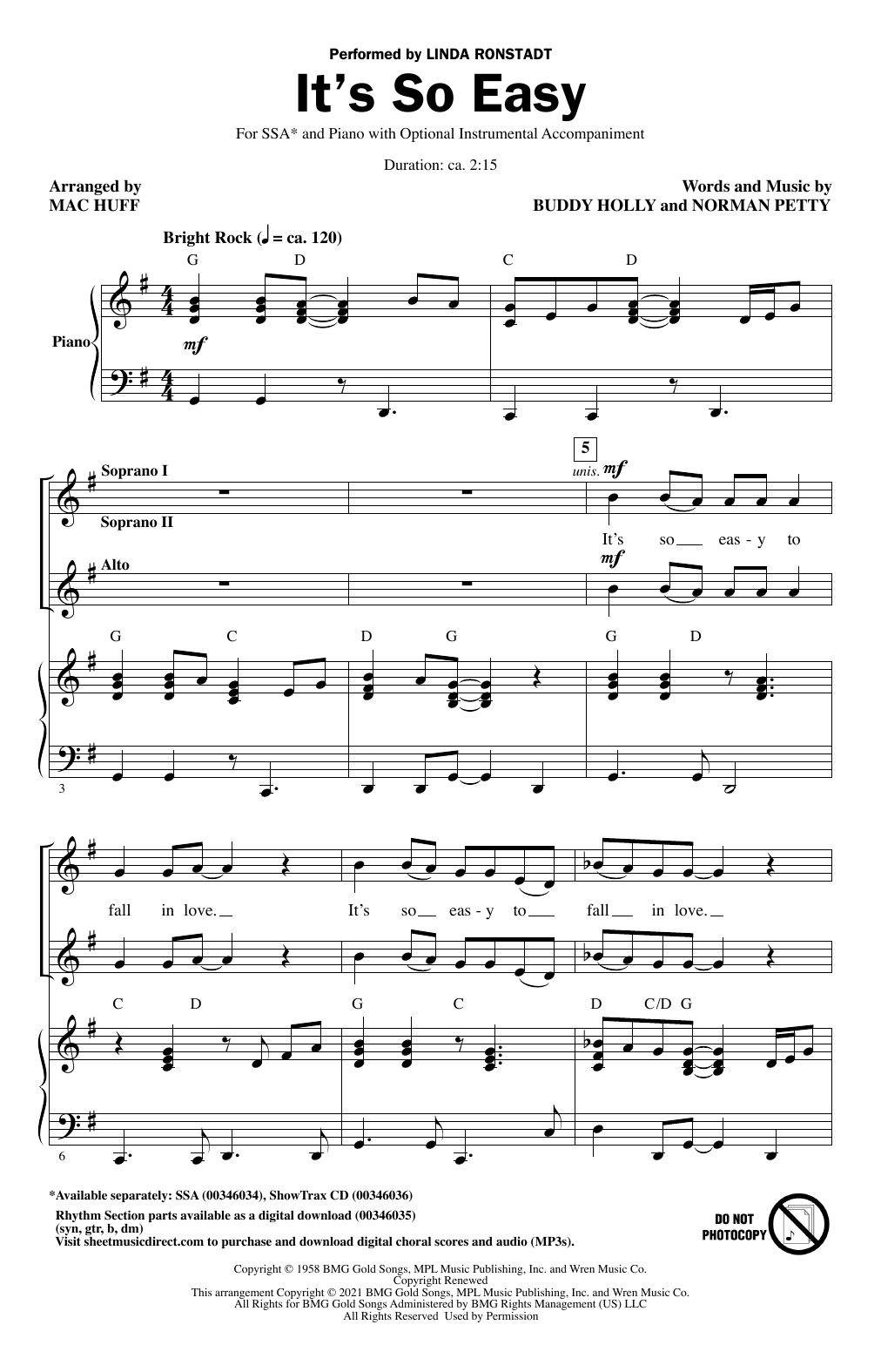 Linda Ronstadt It's So Easy (arr. Mac Huff) sheet music notes and chords arranged for SSA Choir