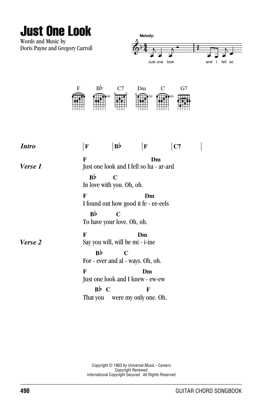 Linda Ronstadt Just One Look sheet music notes and chords arranged for Guitar Chords/Lyrics