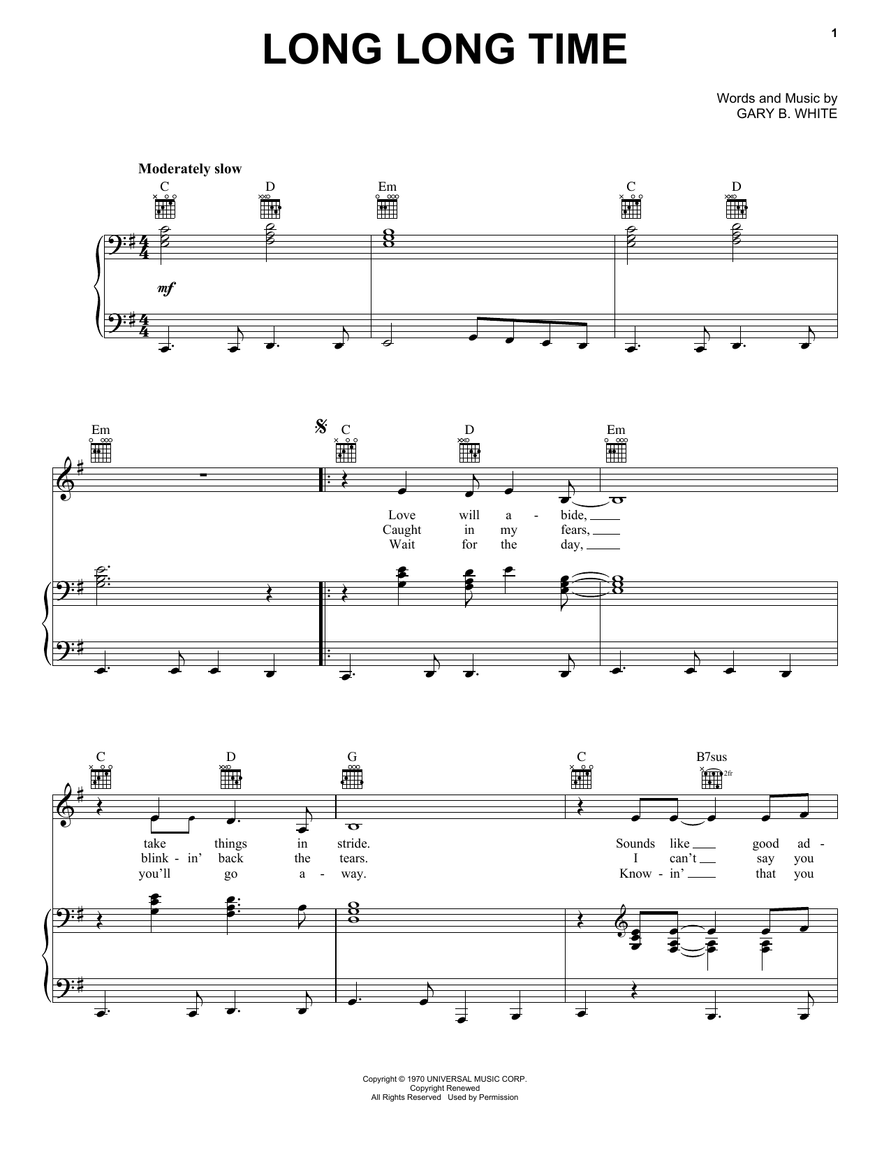 Linda Ronstadt Long Long Time sheet music notes and chords arranged for Easy Piano