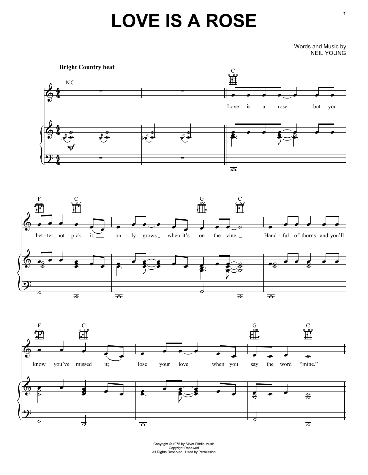 Linda Ronstadt Love Is A Rose sheet music notes and chords arranged for Piano, Vocal & Guitar Chords (Right-Hand Melody)