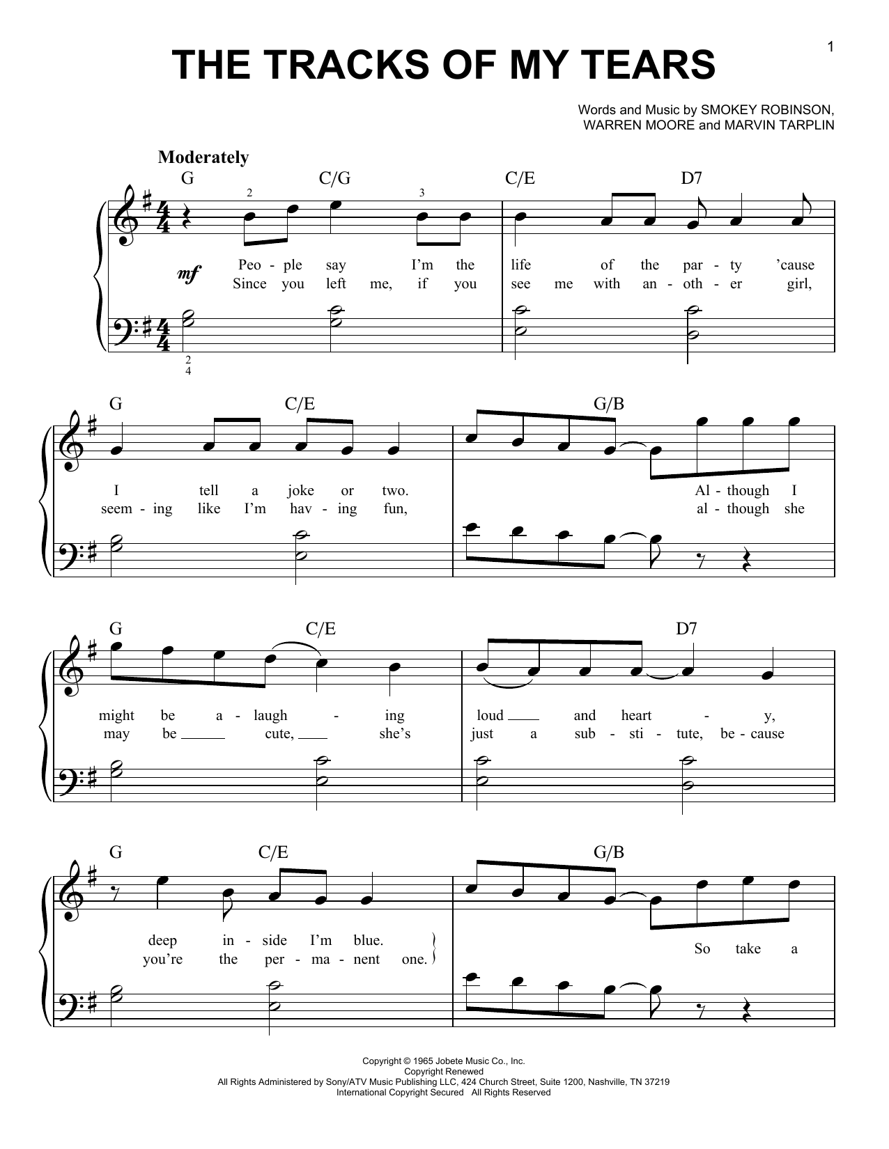 Linda Ronstadt The Tracks Of My Tears sheet music notes and chords arranged for Easy Piano