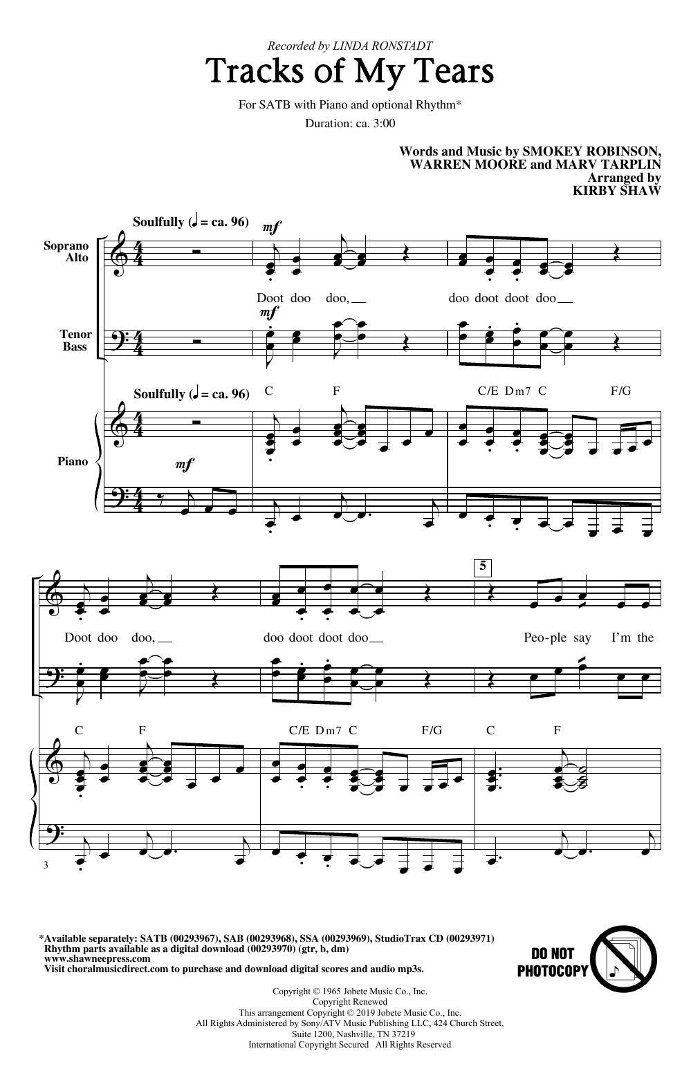 Linda Ronstadt Tracks Of My Tears (arr. Kirby Shaw) sheet music notes and chords arranged for SSA Choir