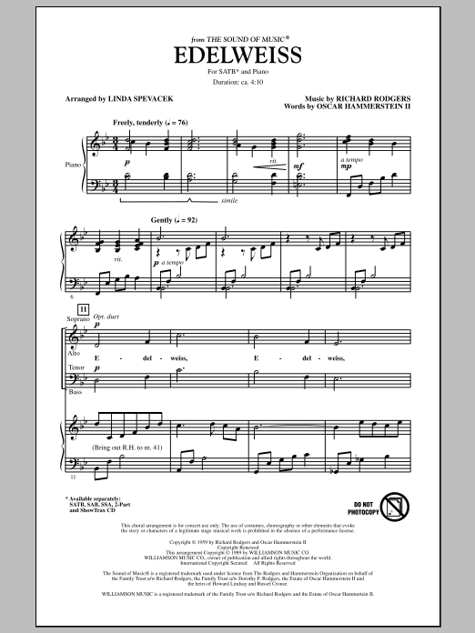 Linda Spevacek Edelweiss (from The Sound Of Music) sheet music notes and chords arranged for 2-Part Choir
