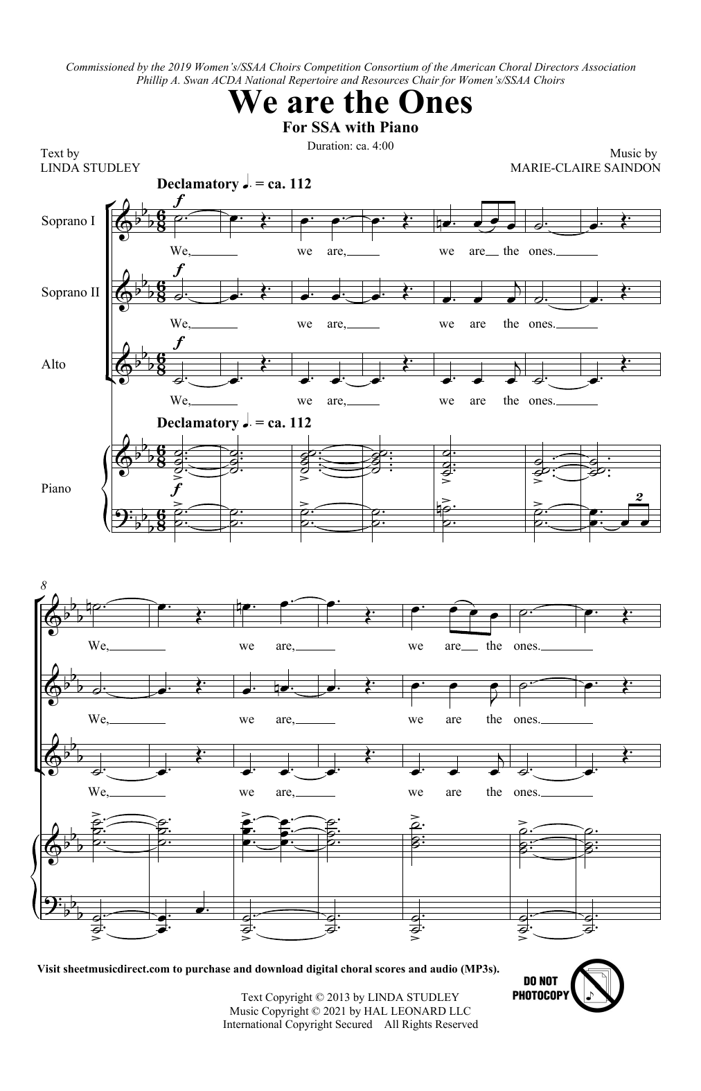 Linda Studley and Marie-Claire Saindon We Are The Ones sheet music notes and chords arranged for SSA Choir
