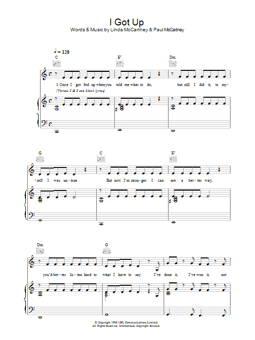 Linda McCartney I Got Up sheet music notes and chords. Download Printable PDF.