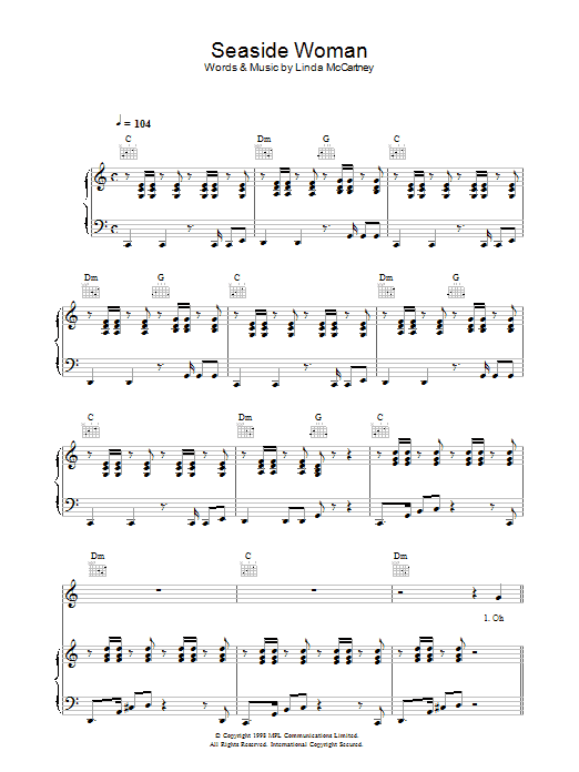 Linda McCartney Seaside Woman sheet music notes and chords. Download Printable PDF.