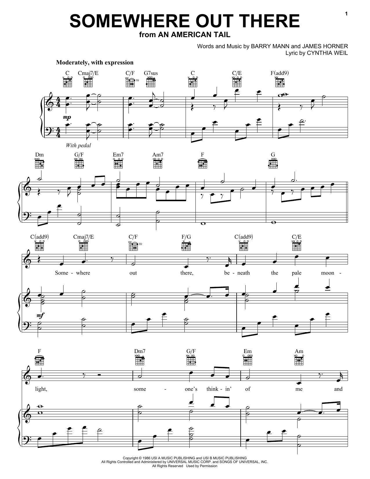 Linda Ronstadt & James Ingram Somewhere Out There sheet music notes and chords arranged for Real Book – Melody, Lyrics & Chords