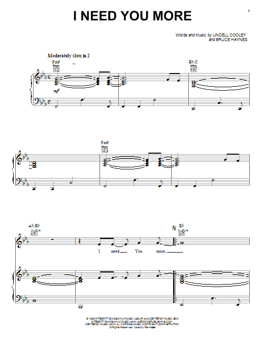 Lindell Cooley I Need You More sheet music notes and chords. Download Printable PDF.