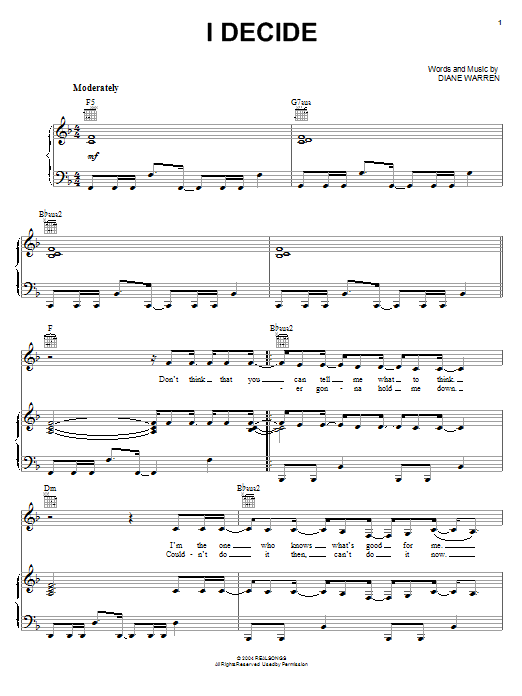 Lindsay Lohan I Decide sheet music notes and chords arranged for Piano, Vocal & Guitar Chords (Right-Hand Melody)