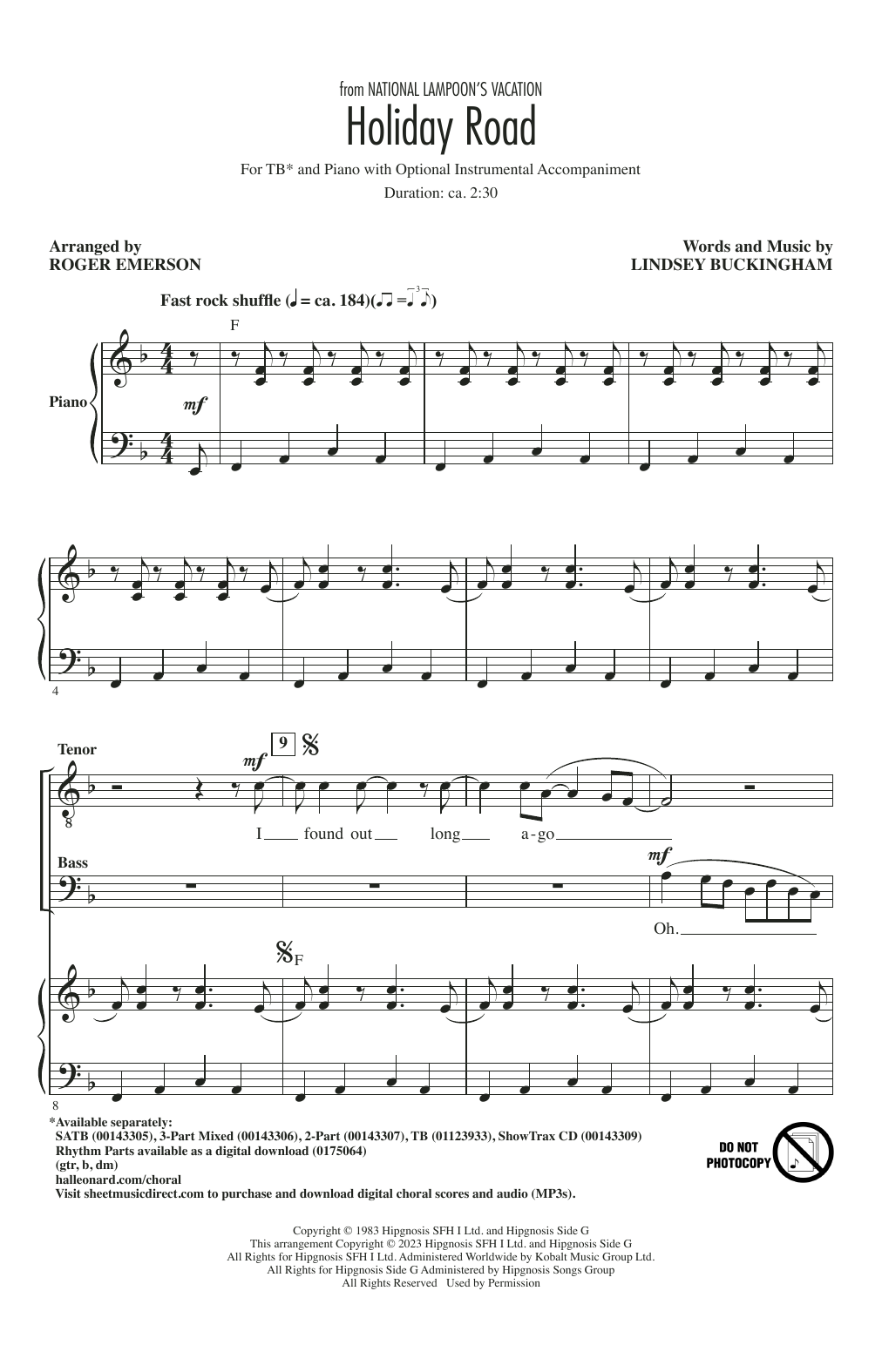 Lindsey Buckingham Holiday Road (from National Lampoon's Vacation) (arr. Roger Emerson) sheet music notes and chords arranged for TB Choir