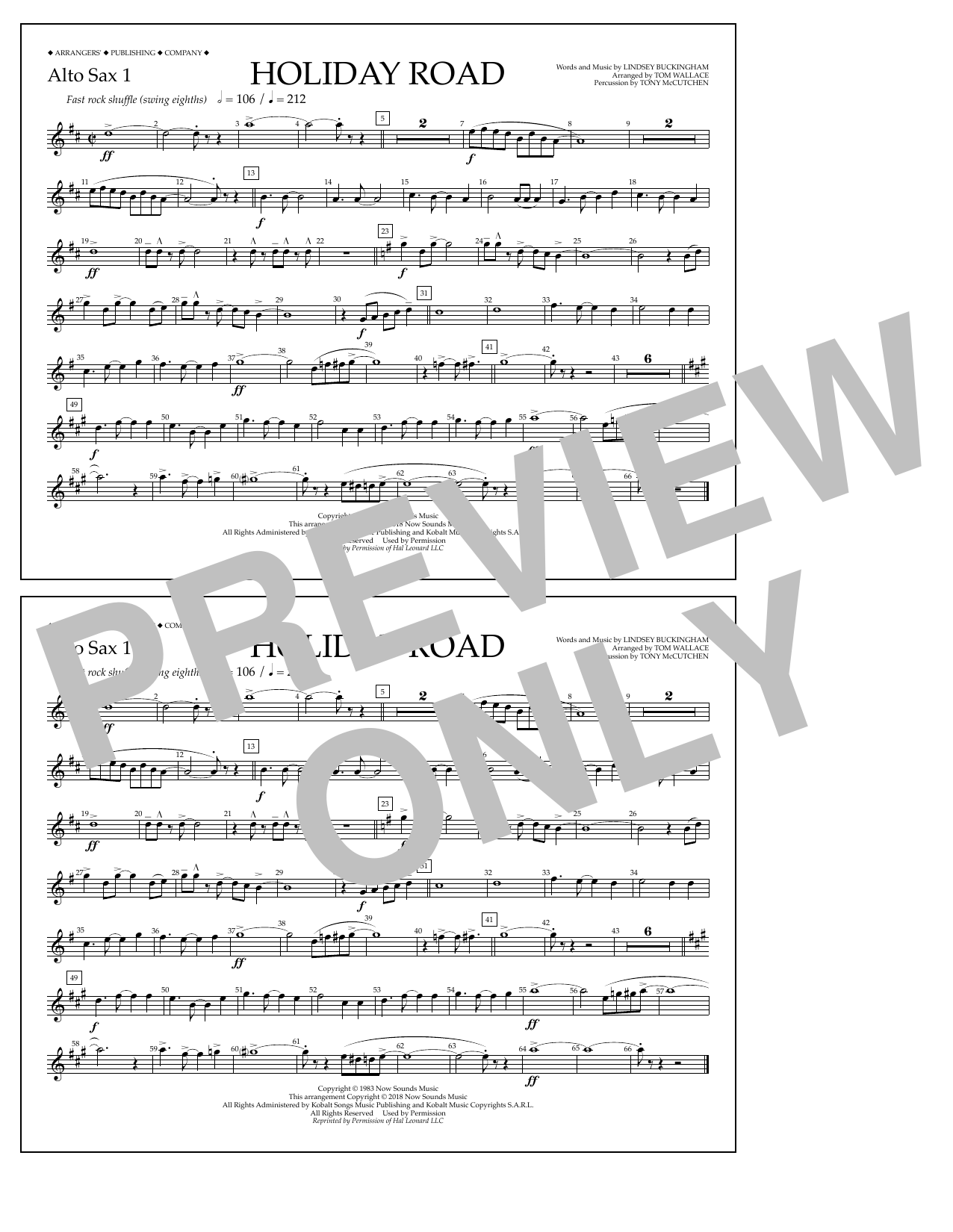 Lindsey Buckingham Holiday Road (from National Lampoon's Vacation) (arr. Tom Wallace) - Alto Sax 1 sheet music notes and chords arranged for Marching Band