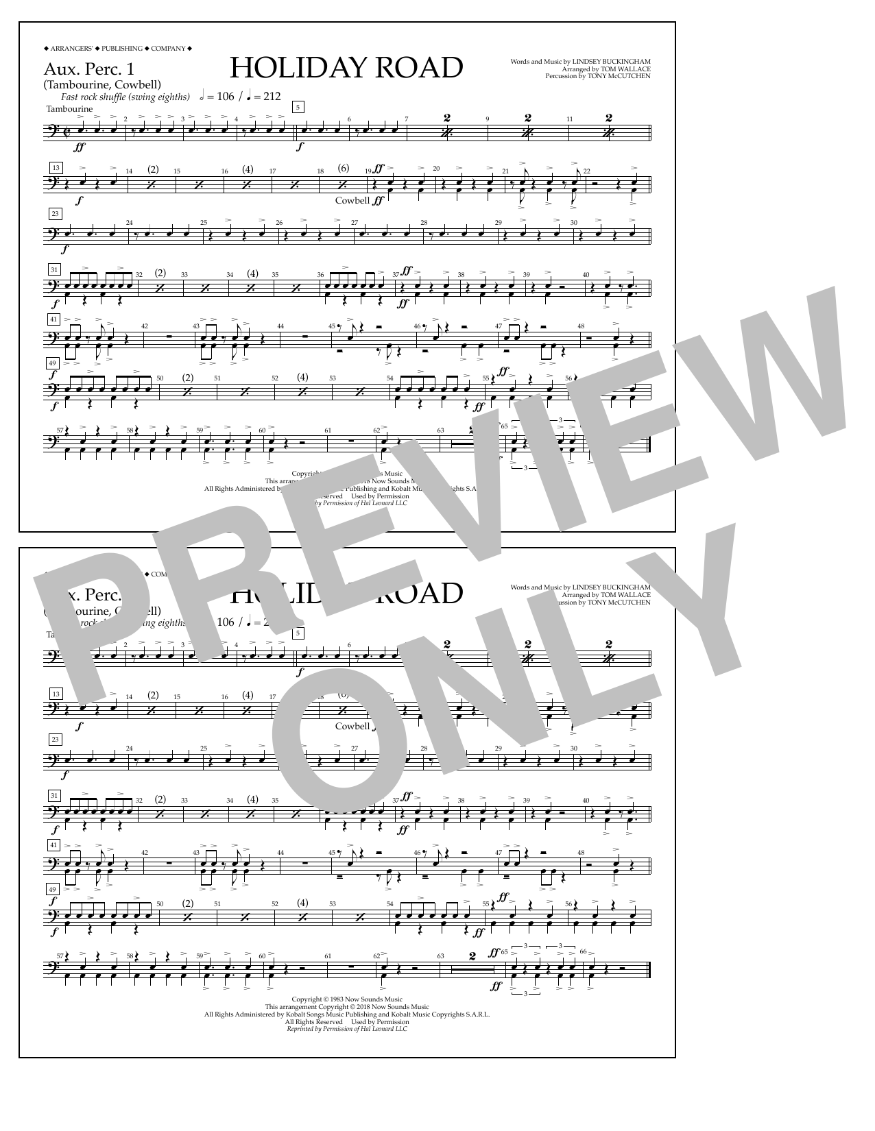 Lindsey Buckingham Holiday Road (from National Lampoon's Vacation) (arr. Tom Wallace) - Aux. Perc. 1 sheet music notes and chords arranged for Marching Band