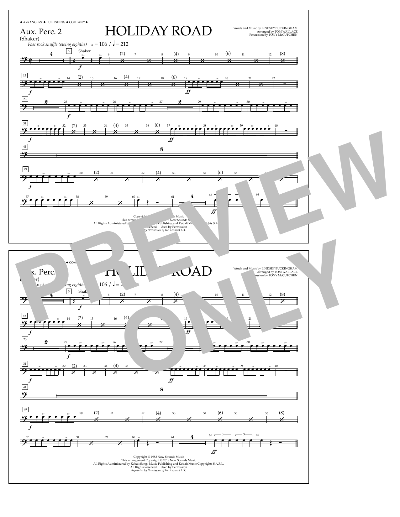 Lindsey Buckingham Holiday Road (from National Lampoon's Vacation) (arr. Tom Wallace) - Aux. Perc. 2 sheet music notes and chords arranged for Marching Band