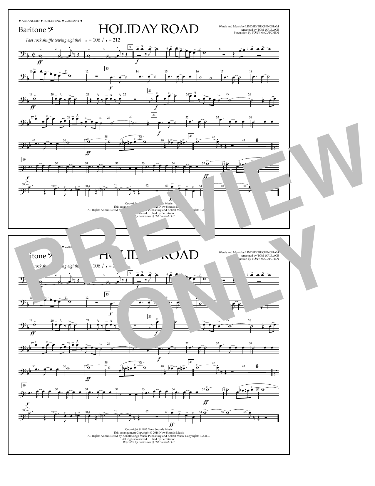 Lindsey Buckingham Holiday Road (from National Lampoon's Vacation) (arr. Tom Wallace) - Baritone B.C. sheet music notes and chords arranged for Marching Band