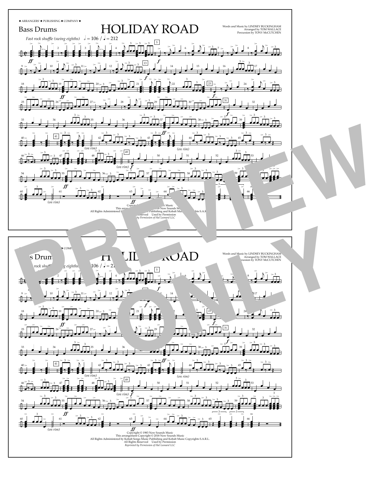 Lindsey Buckingham Holiday Road (from National Lampoon's Vacation) (arr. Tom Wallace) - Bass Drums sheet music notes and chords arranged for Marching Band