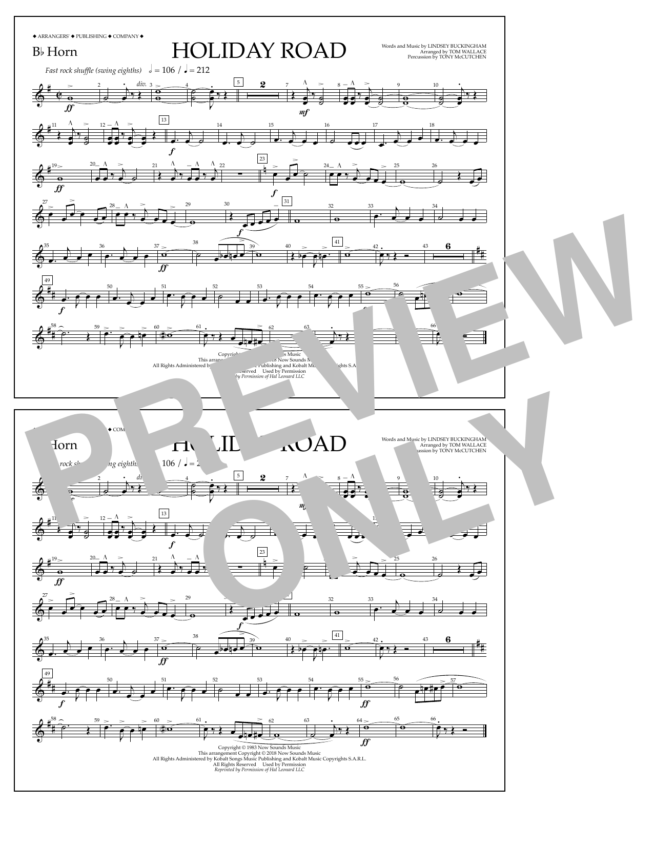 Lindsey Buckingham Holiday Road (from National Lampoon's Vacation) (arr. Tom Wallace) - Bb Horn sheet music notes and chords arranged for Marching Band