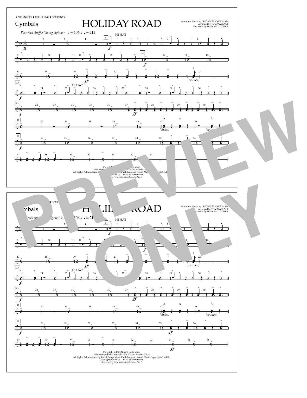 Lindsey Buckingham Holiday Road (from National Lampoon's Vacation) (arr. Tom Wallace) - Cymbals sheet music notes and chords arranged for Marching Band
