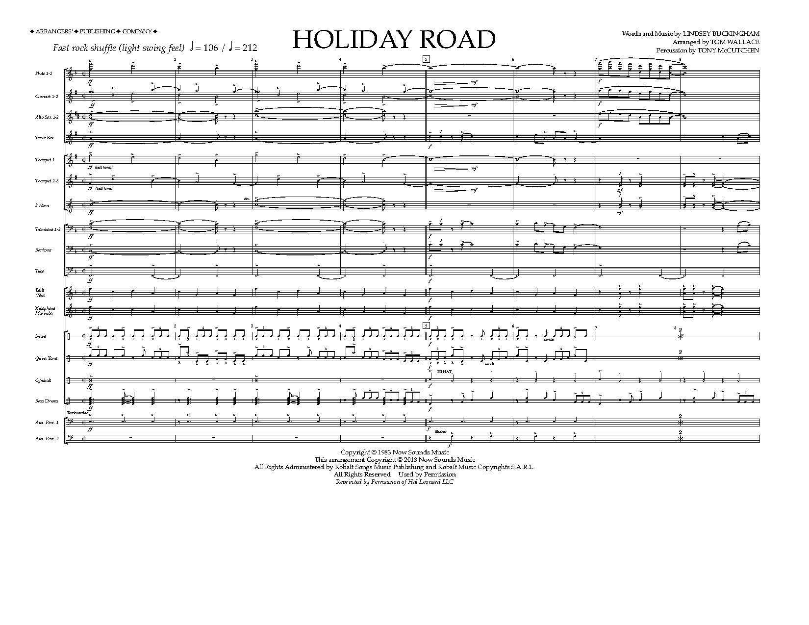 Lindsey Buckingham Holiday Road (from National Lampoon's Vacation) (arr. Tom Wallace) - Full Score sheet music notes and chords arranged for Marching Band
