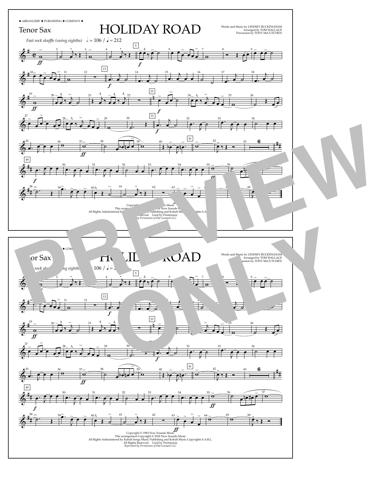 Lindsey Buckingham Holiday Road (from National Lampoon's Vacation) (arr. Tom Wallace) - Tenor Sax sheet music notes and chords arranged for Marching Band