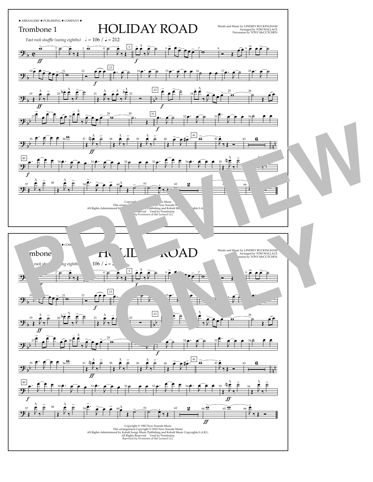 Lindsey Buckingham Holiday Road (from National Lampoon's Vacation) (arr. Tom Wallace) - Trombone 1 sheet music notes and chords arranged for Marching Band
