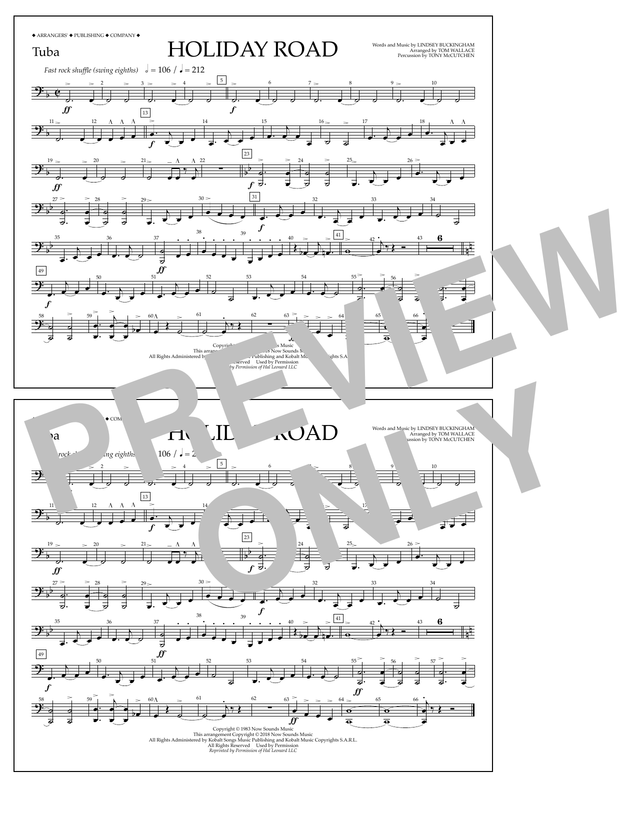 Lindsey Buckingham Holiday Road (from National Lampoon's Vacation) (arr. Tom Wallace) - Tuba sheet music notes and chords arranged for Marching Band