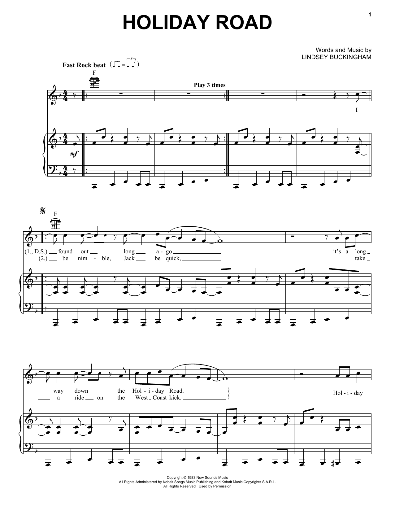 Lindsey Buckingham Holiday Road sheet music notes and chords arranged for Piano, Vocal & Guitar Chords (Right-Hand Melody)