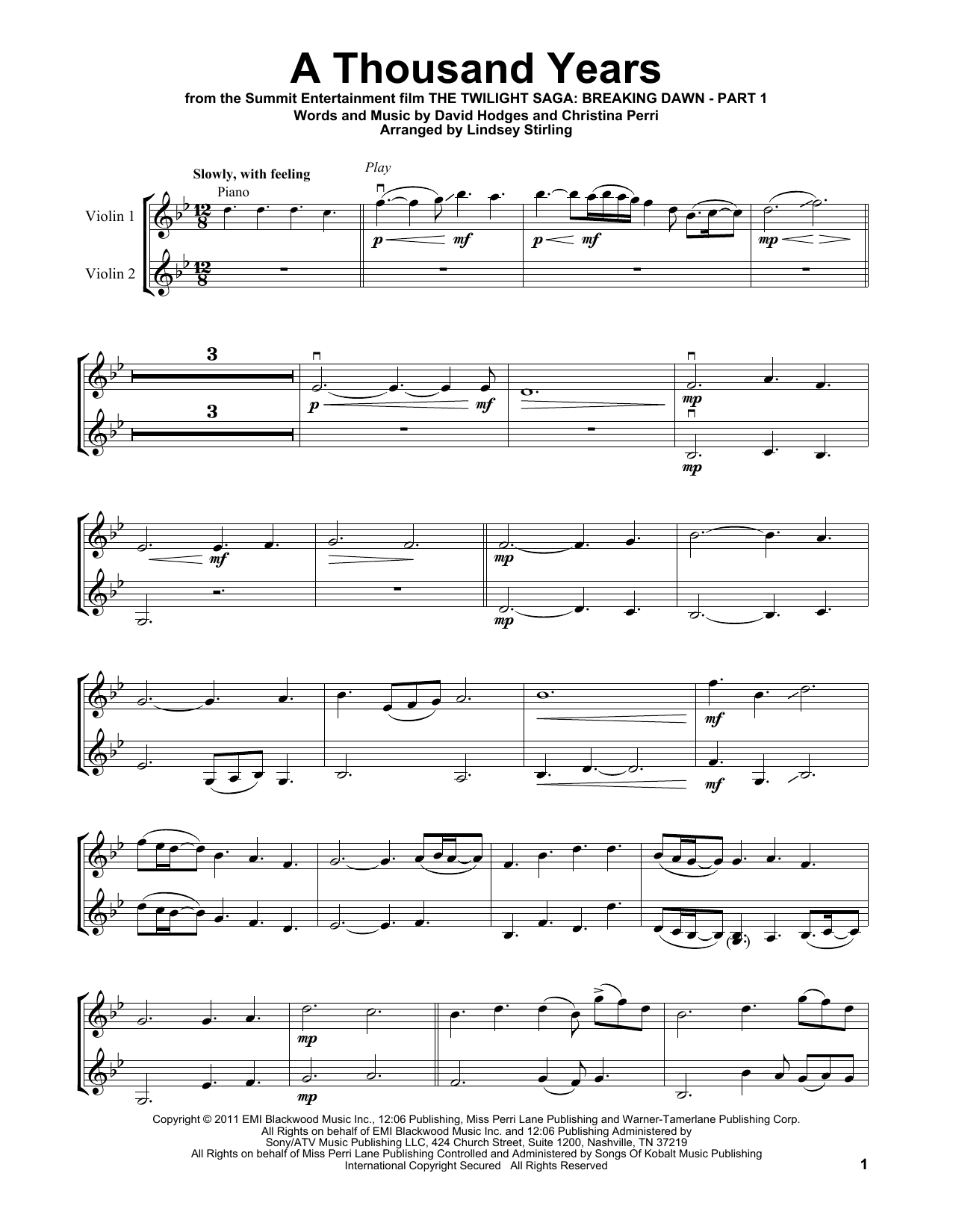 Lindsey Stirling A Thousand Years sheet music notes and chords arranged for Violin Duet