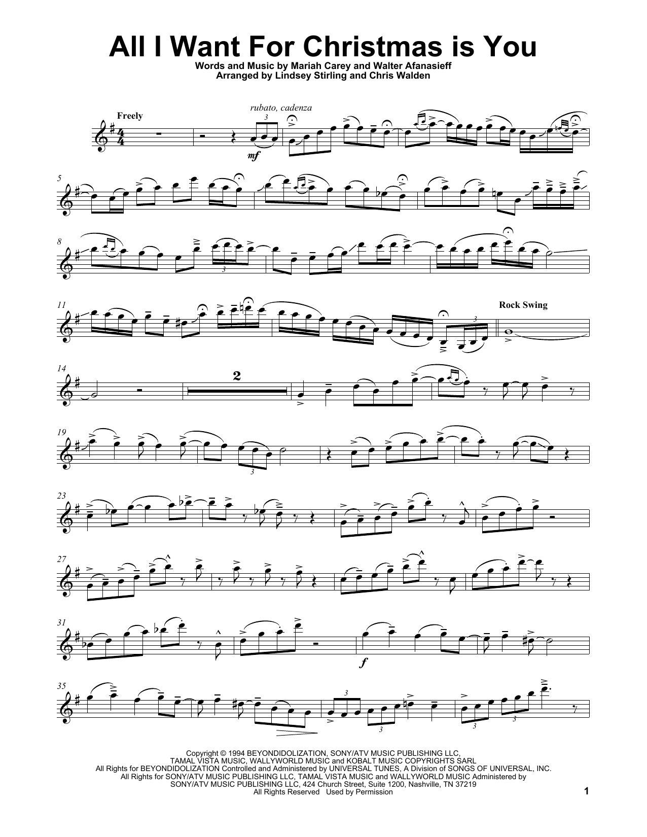 Lindsey Stirling All I Want For Christmas Is You sheet music notes and chords arranged for Violin Solo