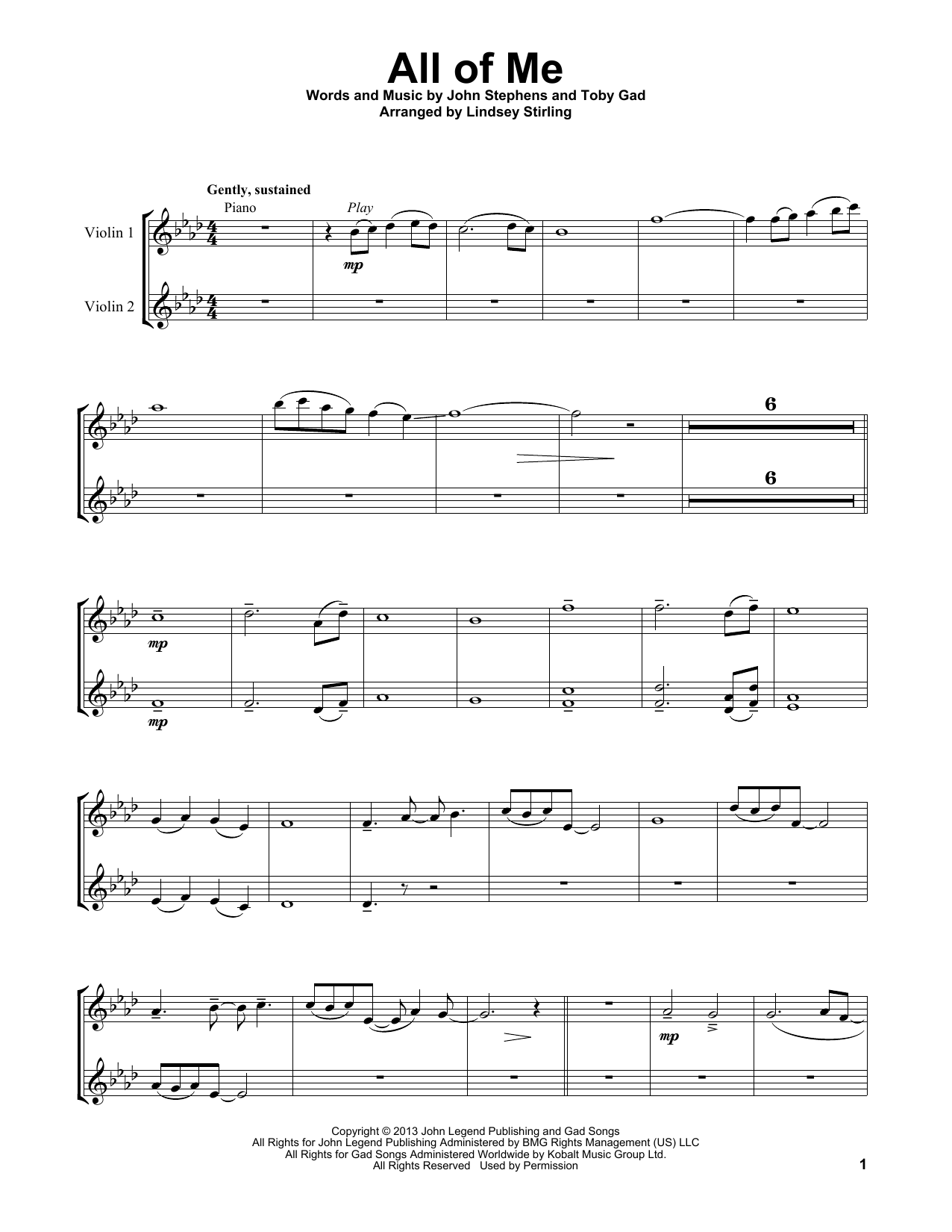 Lindsey Stirling All Of Me sheet music notes and chords arranged for Violin Duet