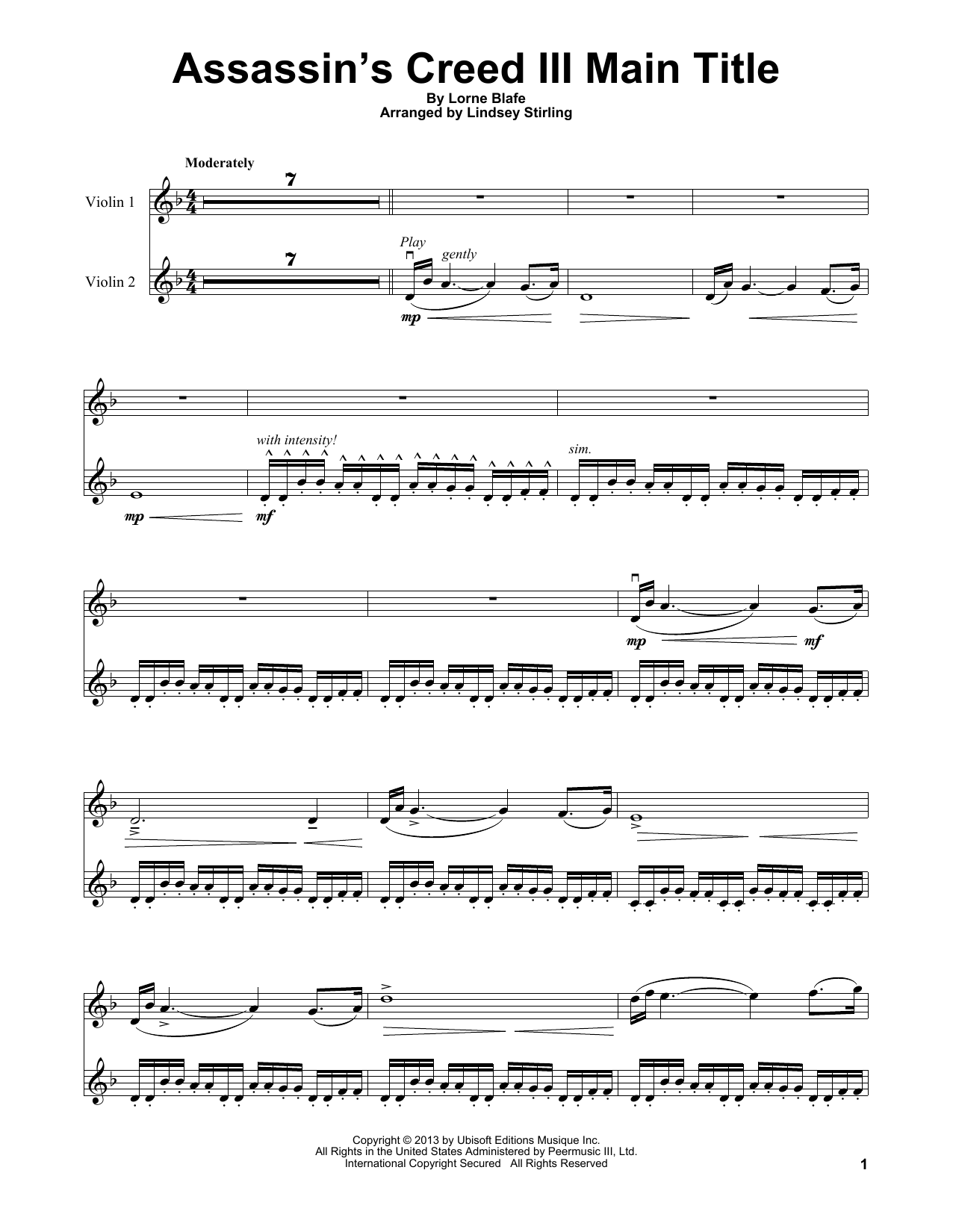 Lindsey Stirling Assassin's Creed III Main Title sheet music notes and chords arranged for Violin Solo