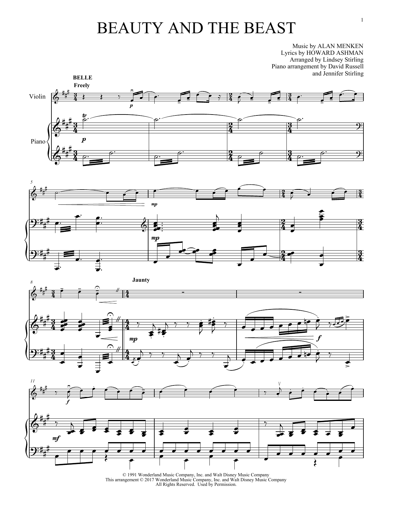 Lindsey Stirling Beauty and the Beast Medley sheet music notes and chords arranged for Violin Solo
