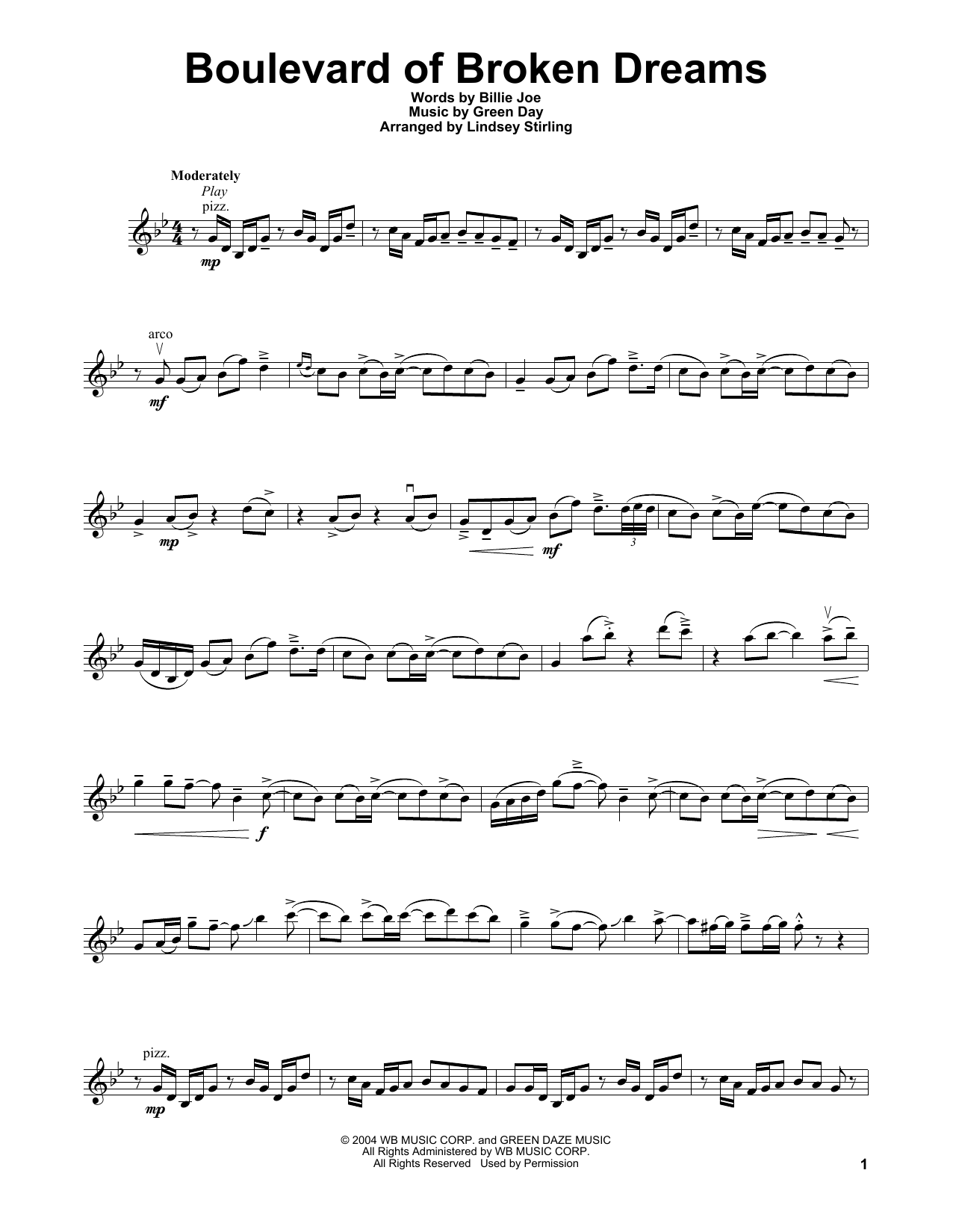 Lindsey Stirling Boulevard Of Broken Dreams sheet music notes and chords arranged for Violin Solo