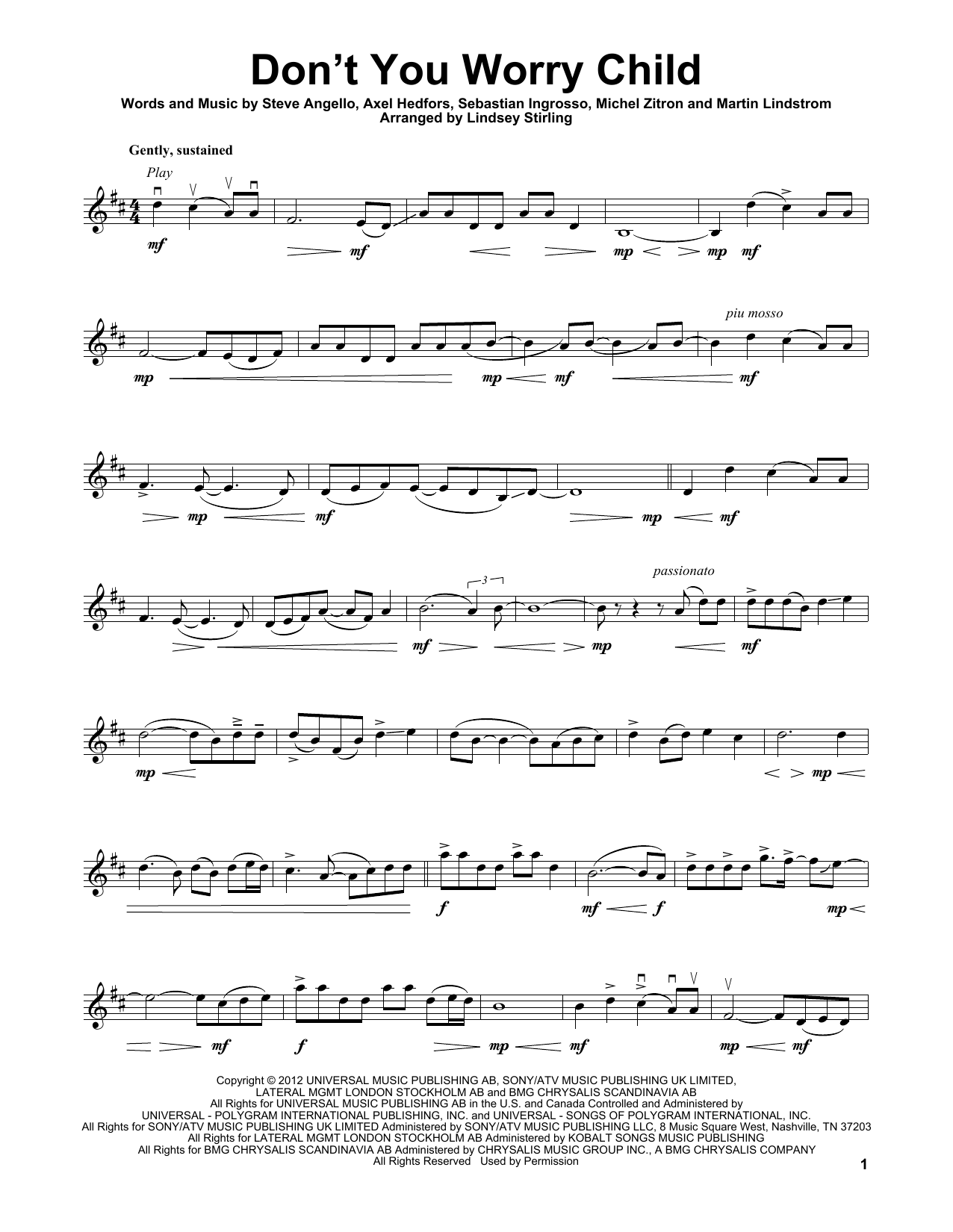 Lindsey Stirling Don't You Worry Child sheet music notes and chords arranged for Violin Solo