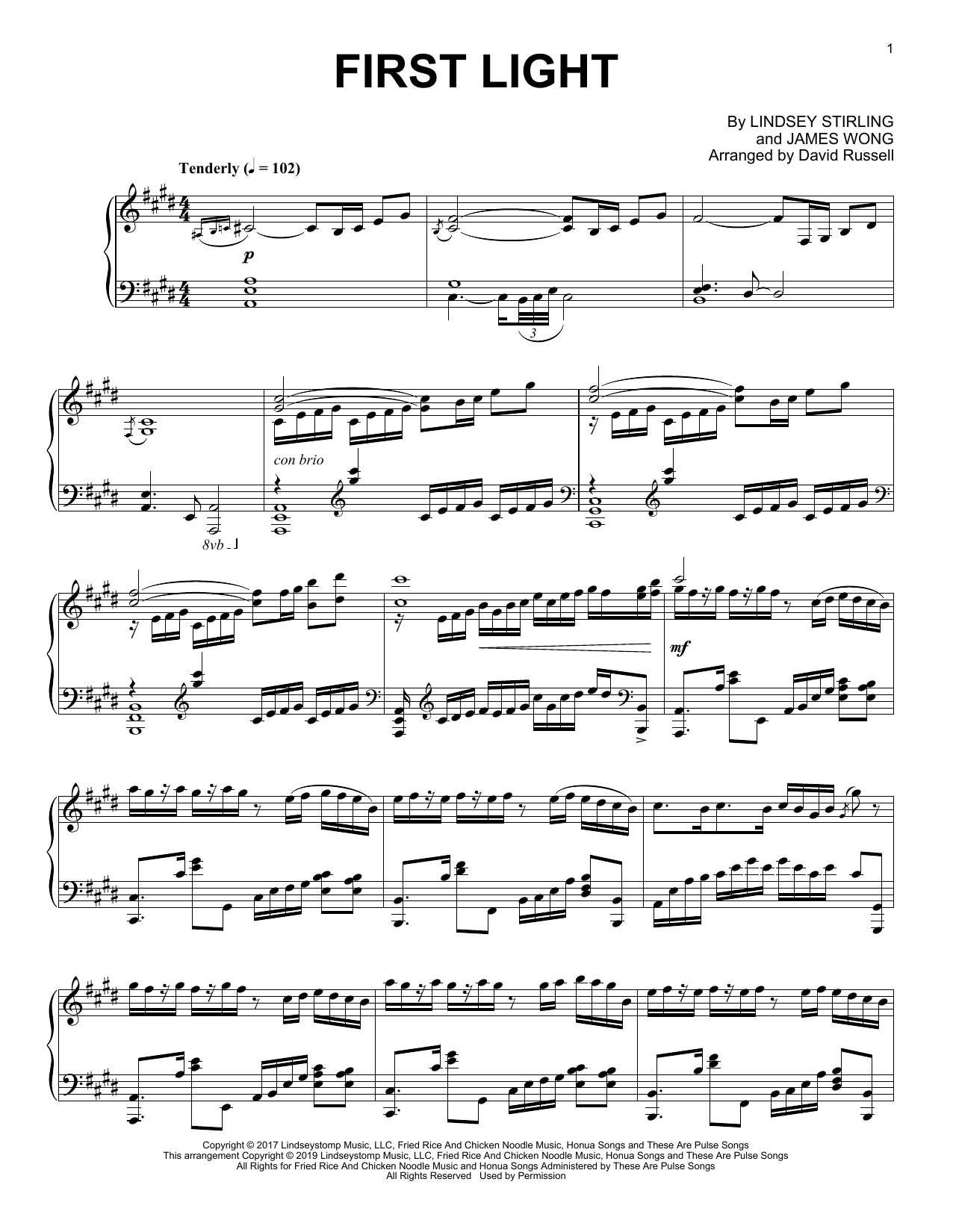 Lindsey Stirling First Light (arr. David Russell) sheet music notes and chords arranged for Easy Piano