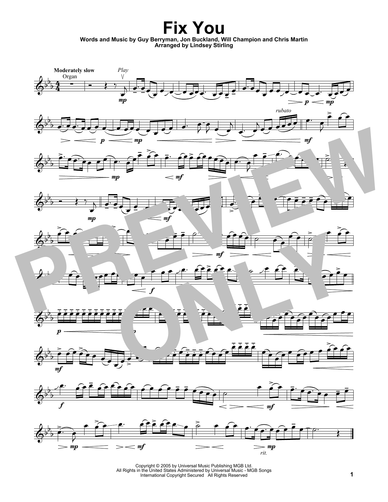 Lindsey Stirling Fix You sheet music notes and chords arranged for Violin Solo