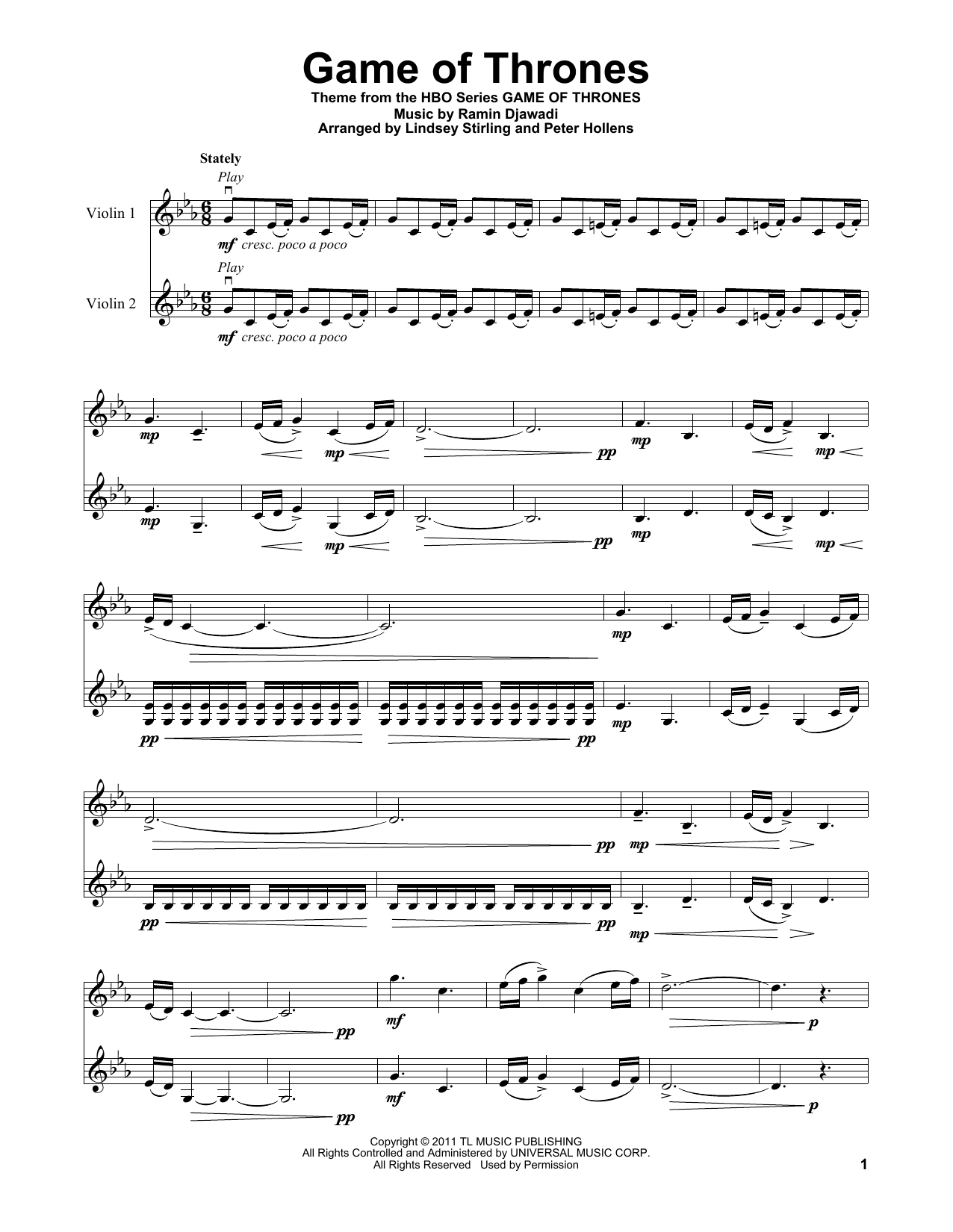 Lindsey Stirling Game Of Thrones - Main Title sheet music notes and chords arranged for Violin Duet