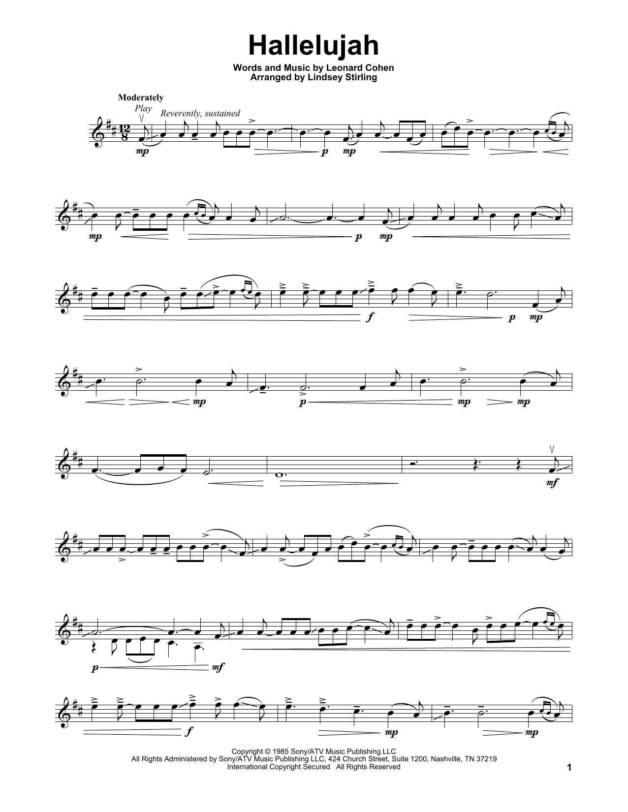 Lindsey Stirling Hallelujah sheet music notes and chords arranged for Violin Solo