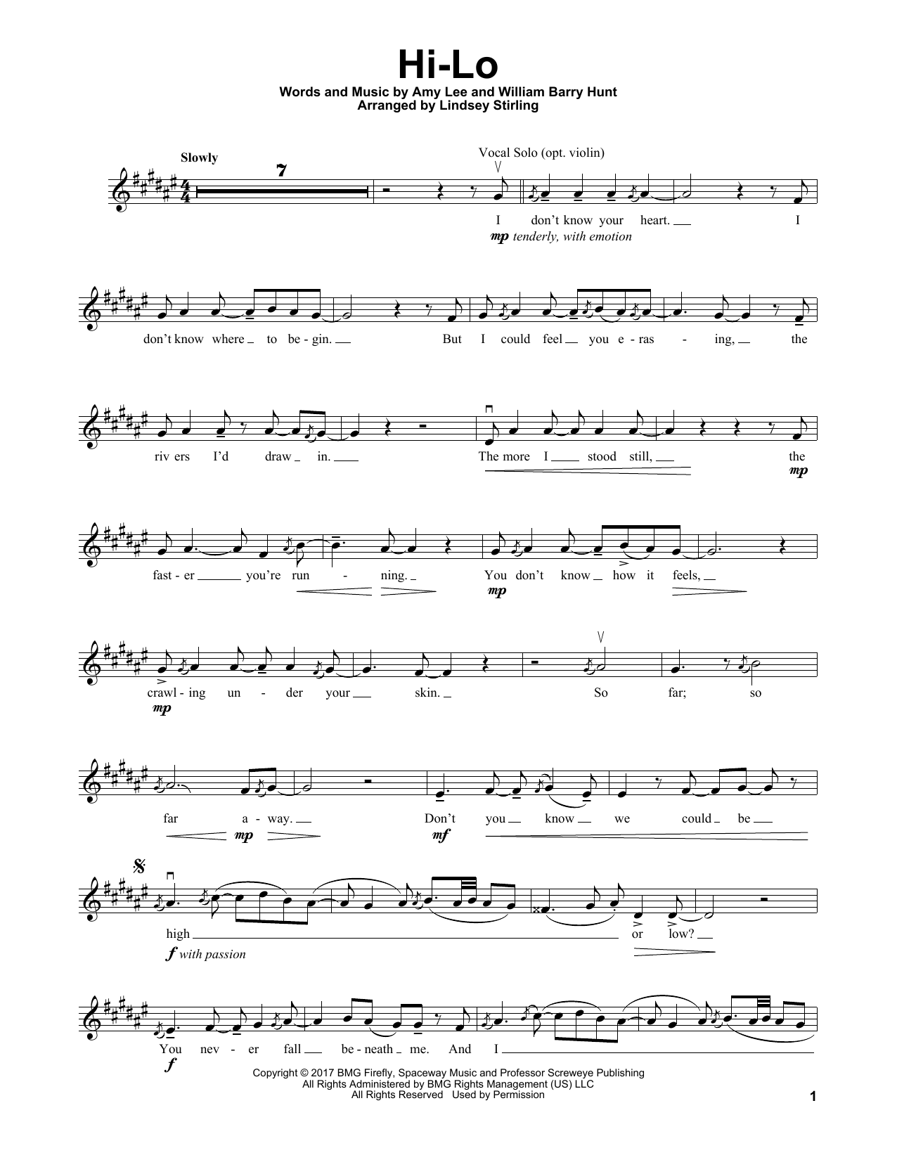 Lindsey Stirling Hi-Lo sheet music notes and chords arranged for Violin Solo