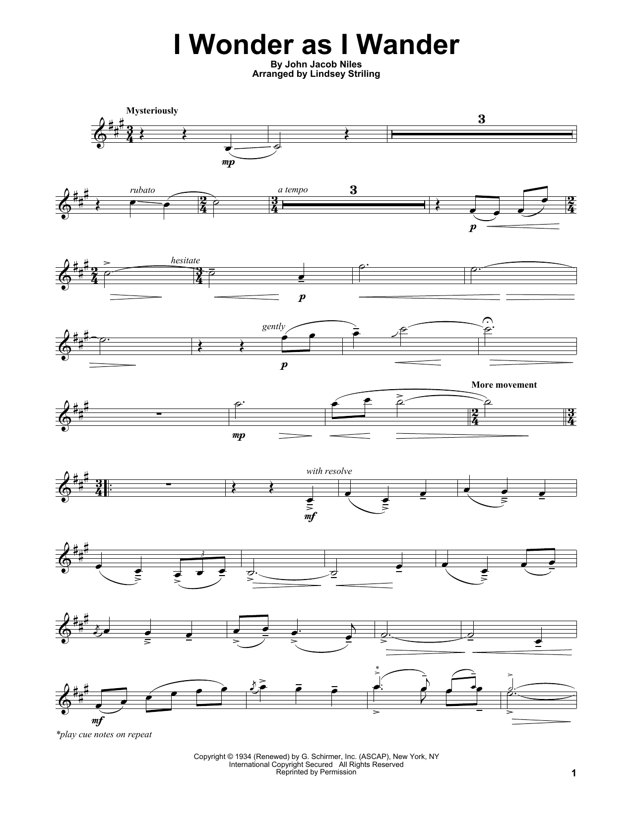Lindsey Stirling I Wonder As I Wander sheet music notes and chords arranged for Violin Solo